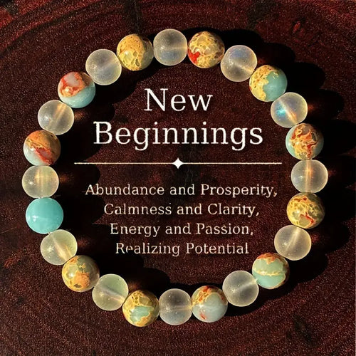Crystal healing bracelet with frosted and jasper beads shown in sunlight, offering calming energy and clarity for daily balance