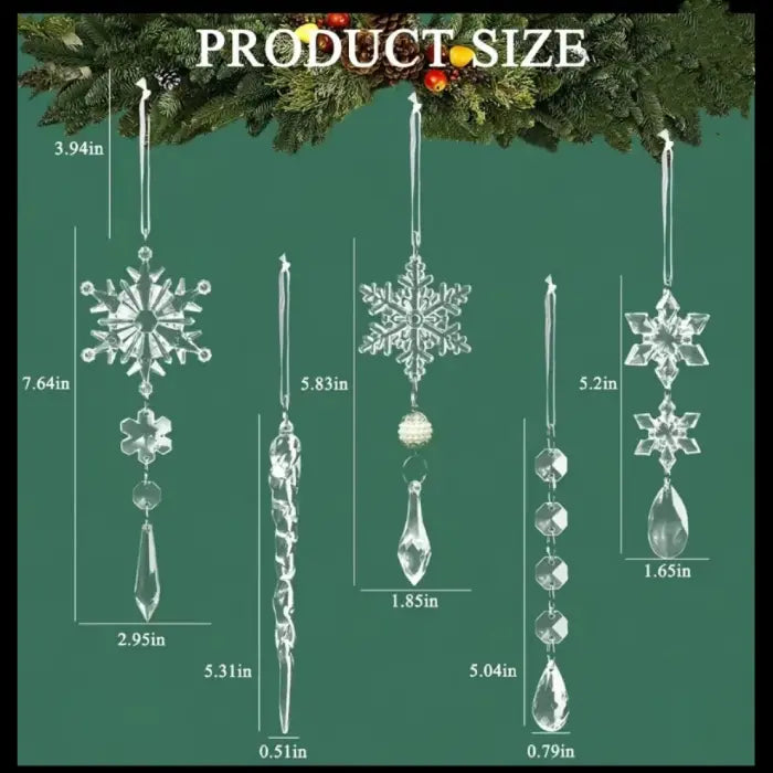 Product size chart showing dimensions of different crystal snowflake ornament styles on green background