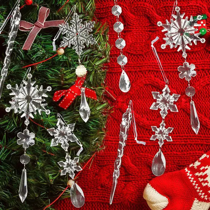  Crystal snowflake ornaments displayed on red knit background with Christmas tree branches and decorative bows