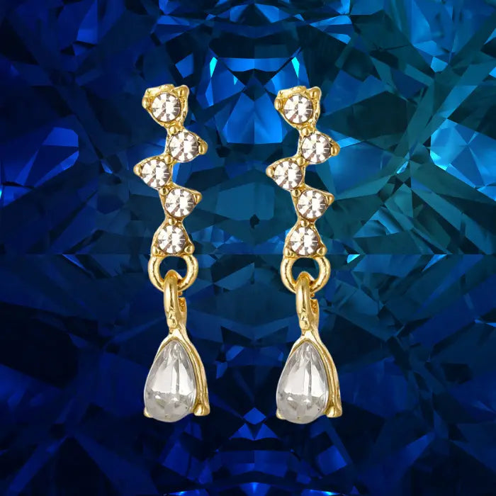 crystal teardrop dangle earrings in gold shown against blue crystal background, shimmering rhinestone drops offering refined elegant style