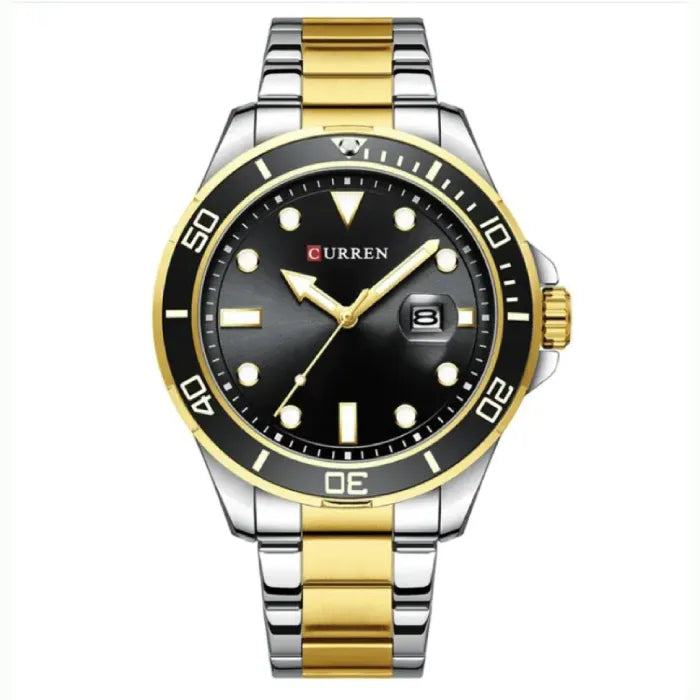 Two-tone diving watch featuring black dial, gold-plated accents, date display, and rotating bezel by Curren