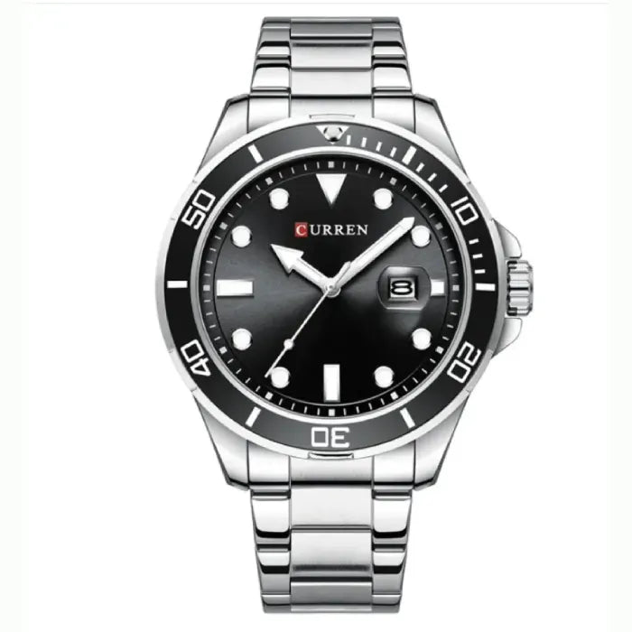 Professional dive watch with black dial, stainless steel bracelet, date window, and white luminous markers by Curren