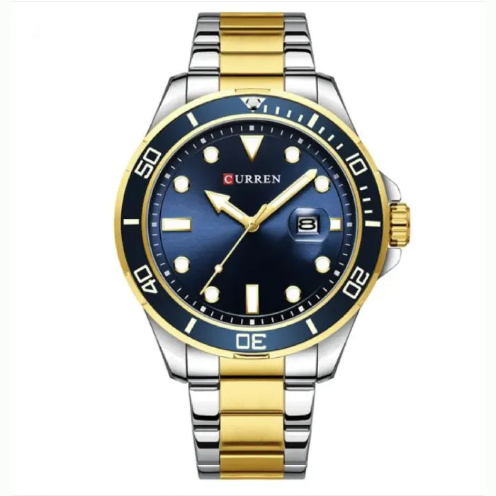 Luxury Curren dive watch with blue dial, gold-silver two-tone bracelet, rotating bezel, and luminous hour markers