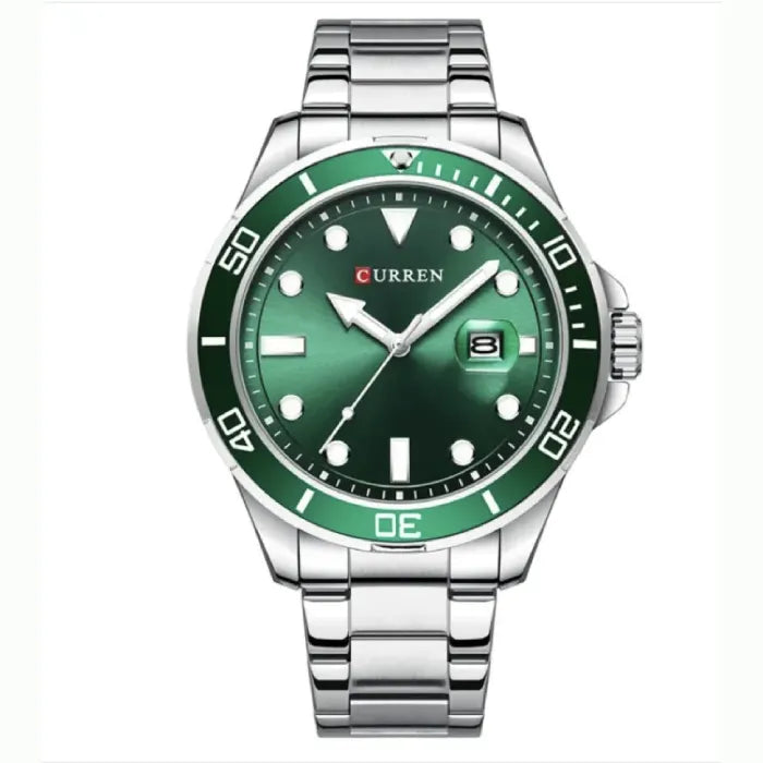 Stainless steel dive watch with emerald green dial, rotating bezel, and luminous markers by Curren