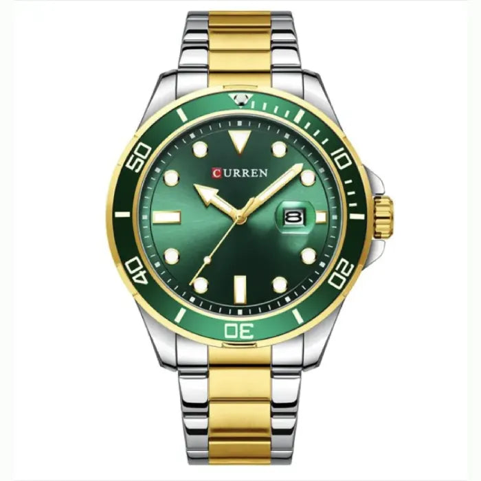 Premium diving watch with green sunburst dial, gold-silver bracelet, date window, and luminous indices by Curren