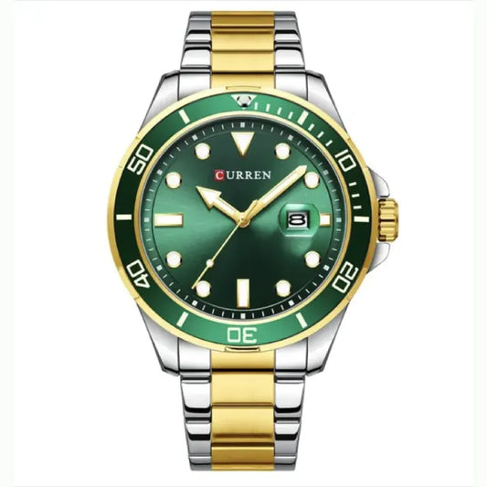 Premium diving watch with green sunburst dial, gold-silver bracelet, date window, and luminous indices by Curren