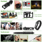 Multifunctional tools including a flashlight, survival bracelet, and tactical pen with features highlighted.