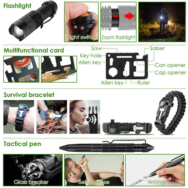 Multifunctional tools including a flashlight, survival bracelet, and tactical pen with features highlighted.