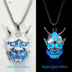 Dare-Devil Necklace blue glow demon pendant with side-by-side day and night luminous effect comparison