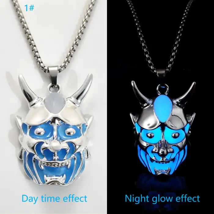 Dare-Devil Necklace blue glow demon pendant with side-by-side day and night luminous effect comparison