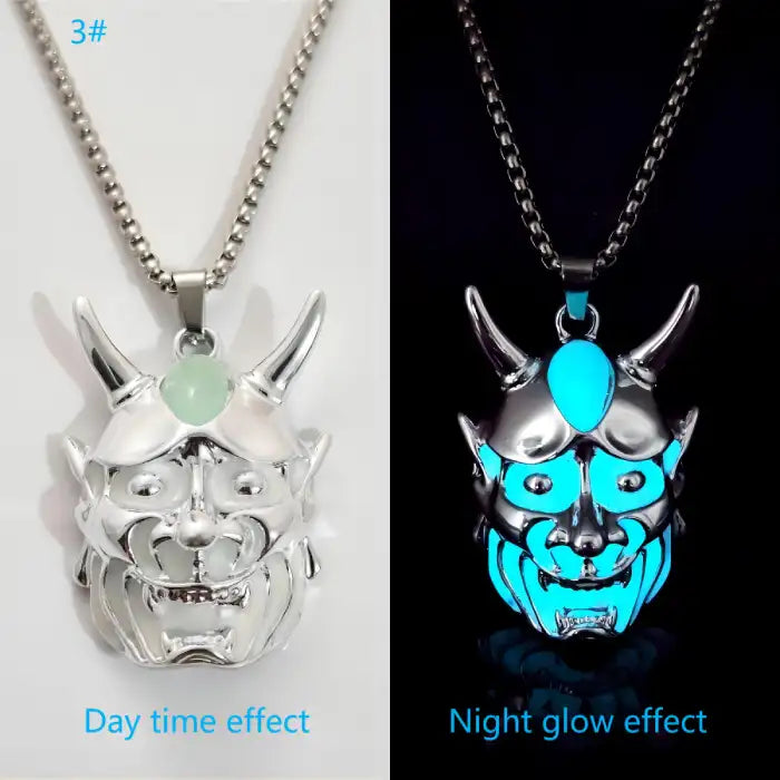 Dare-Devil Necklace cyan tone demon pendant with daytime shine and night glow-in-the-dark look