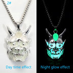 Dare-Devil Necklace green glowing demon face pendant in daylight and night for effect contrast view