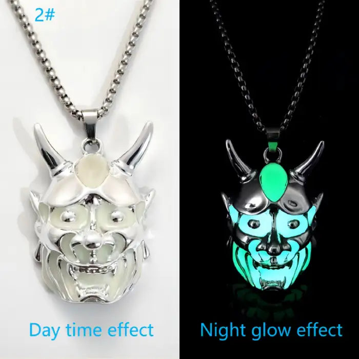 Dare-Devil Necklace green glowing demon face pendant in daylight and night for effect contrast view