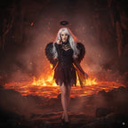 Dark angel costume set styled dramatically in a fiery lava cave with glowing embers.