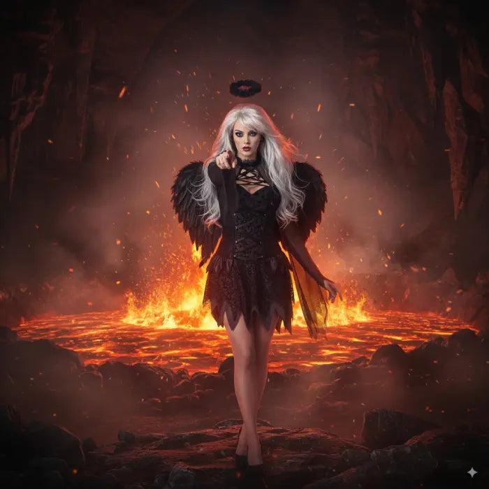 Dark angel costume set styled dramatically in a fiery lava cave with glowing embers.