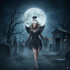 Dark angel costume set with wings and halo worn in a spooky graveyard scene under a full moon.