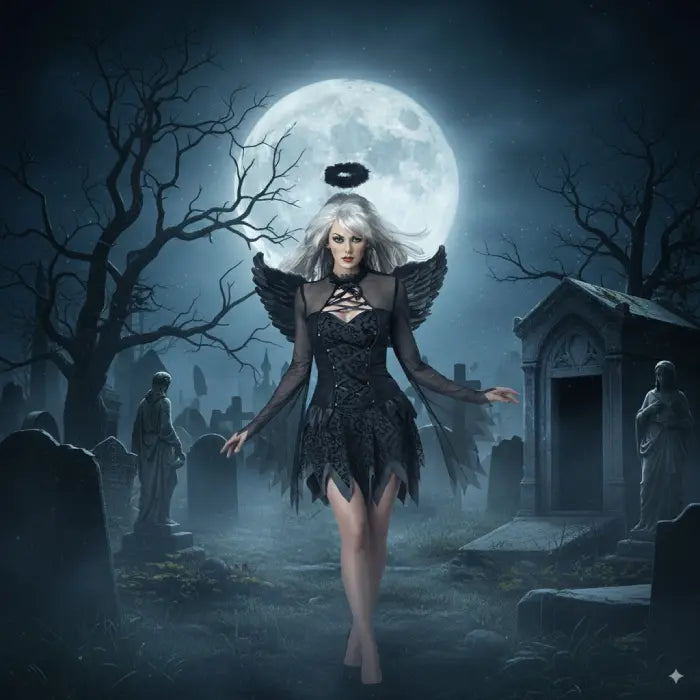 Dark angel costume set with wings and halo worn in a spooky graveyard scene under a full moon.
