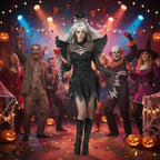 Dark angel costume set with wings and halo worn at a lively Halloween party with zombies and clowns.