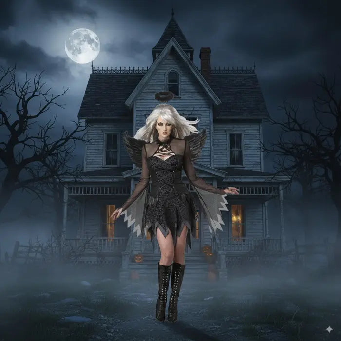 Dark angel costume set posed in front of a haunted house with glowing pumpkins under moonlight.