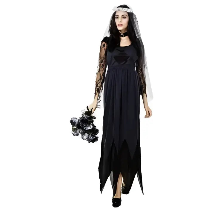 Dark bride Halloween costume with long black dress and lace veil.