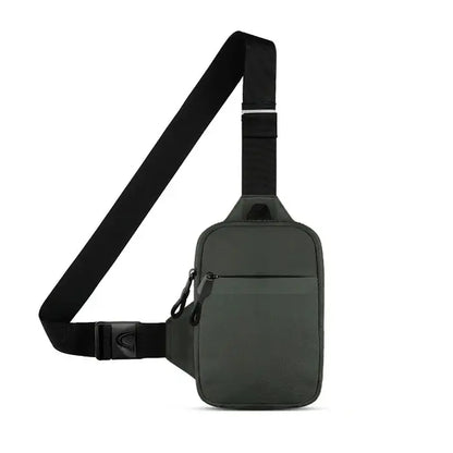 Dark green sling bag with black adjustable strap, featuring compact design and multiple compartments for daily use