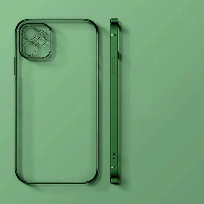 Dark green transparent phone case with precise camera cutout and slim profile on a shaded green backdrop.