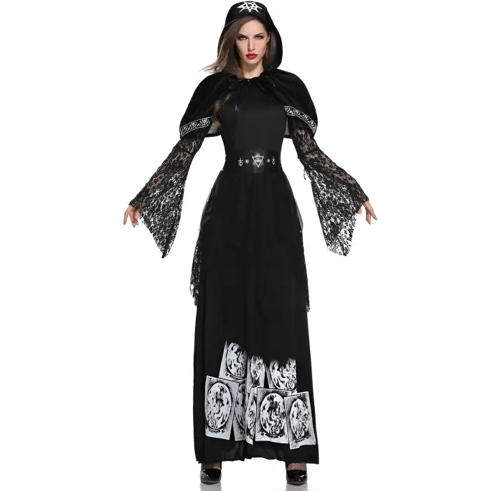 Dark sorceress Halloween costume with long black gown and lace cape.