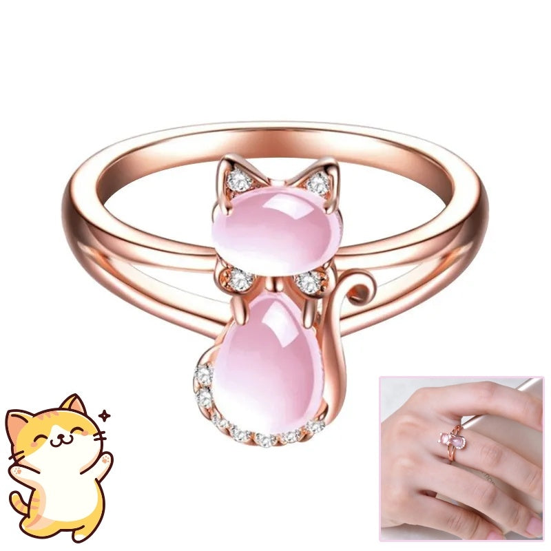 Rose Gold Cat Ring Cute Pink Cat with Sparkle Stones