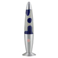 Decorative wax lamp with dark blue wax in a clear glass body and metallic silver base.