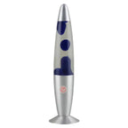 Decorative wax lamp with dark blue wax in a clear glass body and metallic silver base.