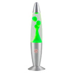 Decorative wax lamp with glowing green wax floating inside a clear glass body and silver base.