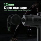 Deep tissue massage gun showing 12mm deep percussion for muscle relaxation and recovery.