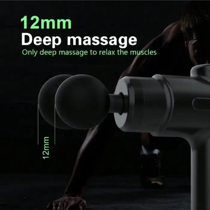 Deep tissue massage gun showing 12mm deep percussion for muscle relaxation and recovery.