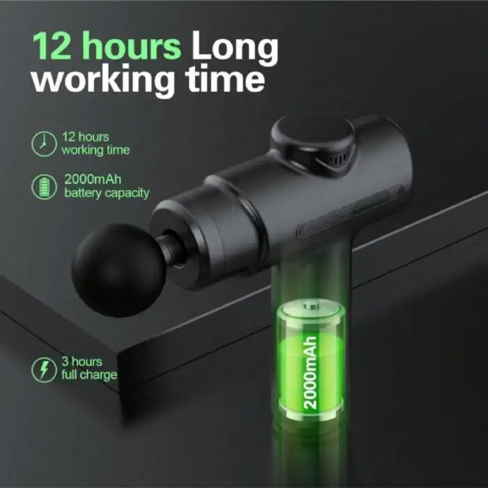 Deep tissue massage gun with 12-hour battery life and 2000mAh power for long use sessions.