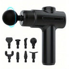 Deep tissue massage gun with 8 interchangeable heads for targeted muscle therapy and flexibility.