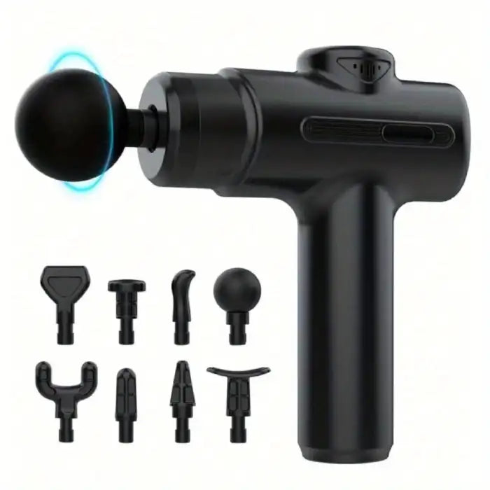 Deep tissue massage gun with 8 interchangeable heads for targeted muscle therapy and flexibility.