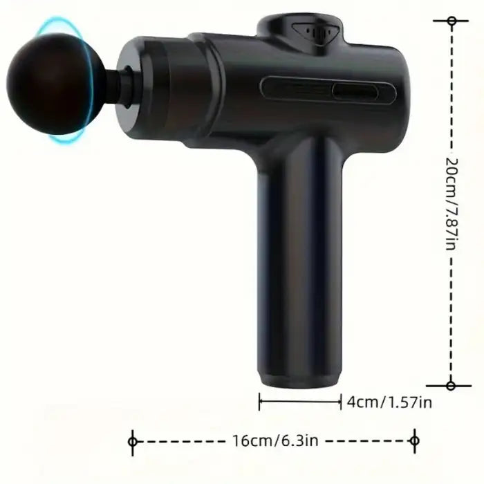 Deep tissue massage gun dimensions shown with 20cm height and 16cm width for ergonomic use.