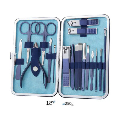 18-piece manicure kit in blue and navy with professional tools in compact case, 250g