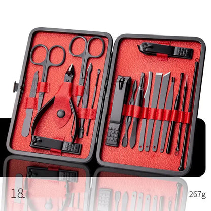 18-piece manicure set with bright red interior and black tools, weighing 267g