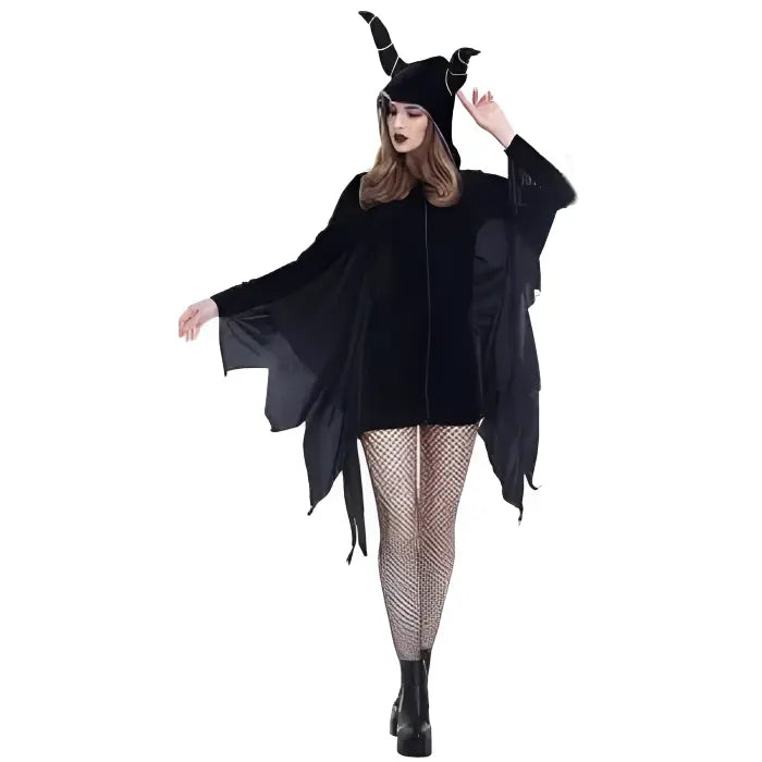 Demon Halloween costume with horned headpiece and black dress.