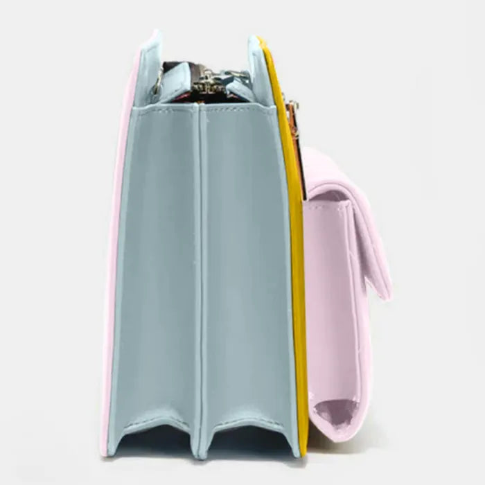 Luxury handbag side view showing structured compartments in pastel pink, yellow and blue leather with silver hardware