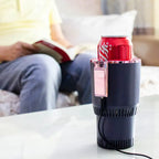 Car Heating Cooling Cup Holder used indoors on table with red soda can and person reading behind.