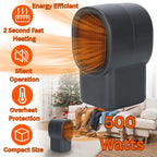 Desktop electric heater showing 500W power, fast heating, silent operation, and overheat protection.