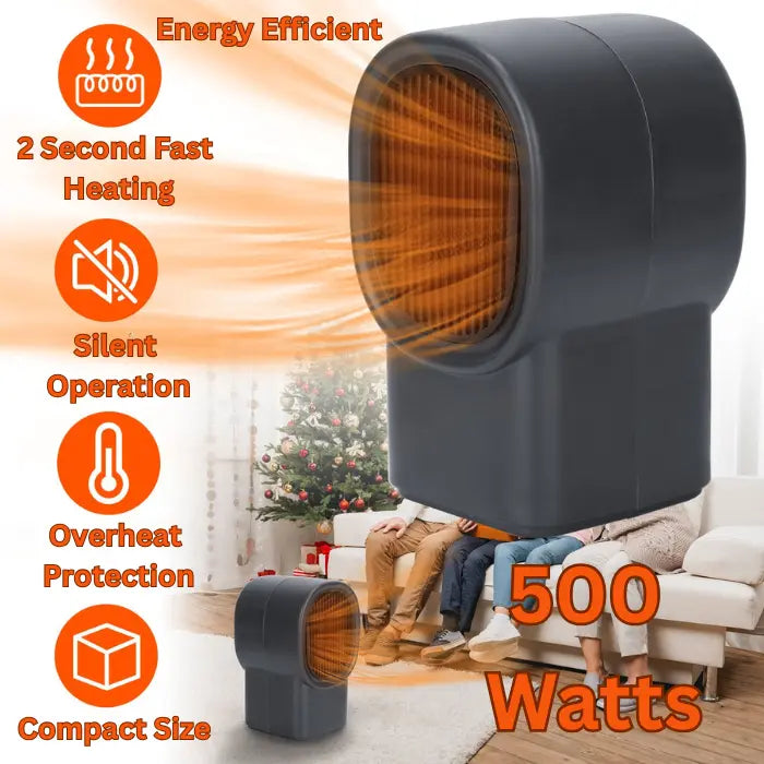 Desktop electric heater showing 500W power, fast heating, silent operation, and overheat protection.