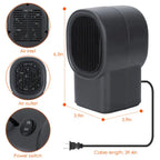 Desktop electric heater with height, width, and cable length dimensions displayed clearly.
