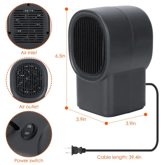 Desktop electric heater with height, width, and cable length dimensions displayed clearly.