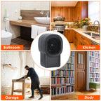 Desktop electric heater shown suitable for kitchen, bathroom, study, and garage use.