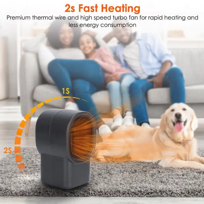 Desktop electric heater warming dog and family in cozy living room with fast 2-second heat.