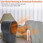 Desktop electric heater running quietly beside sleeping woman with overheat protection feature.