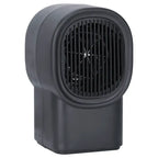 Desktop electric heater close-up side angle showing black body and heating vents.